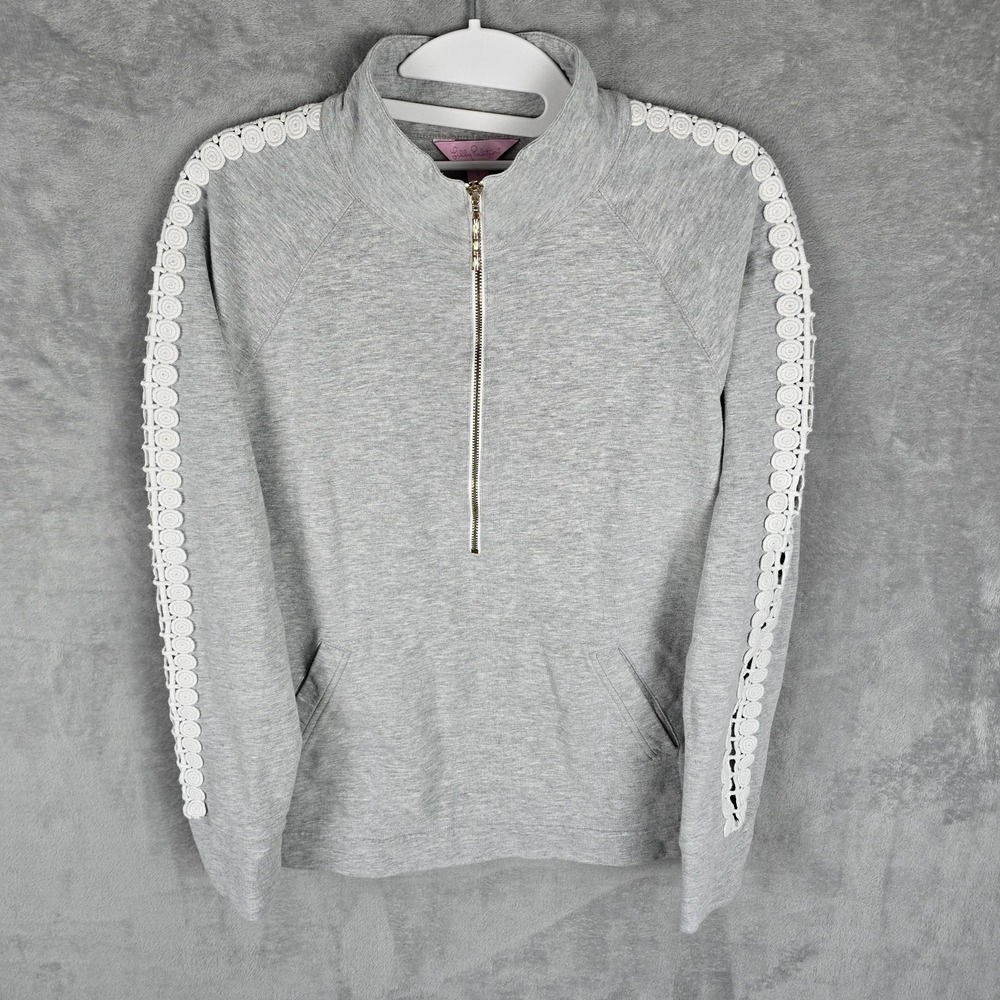 Lilly Pulitzer Womens Gray Eyelet Lace Trim Quarter Zip Sweatshirt Bamboo Pull S